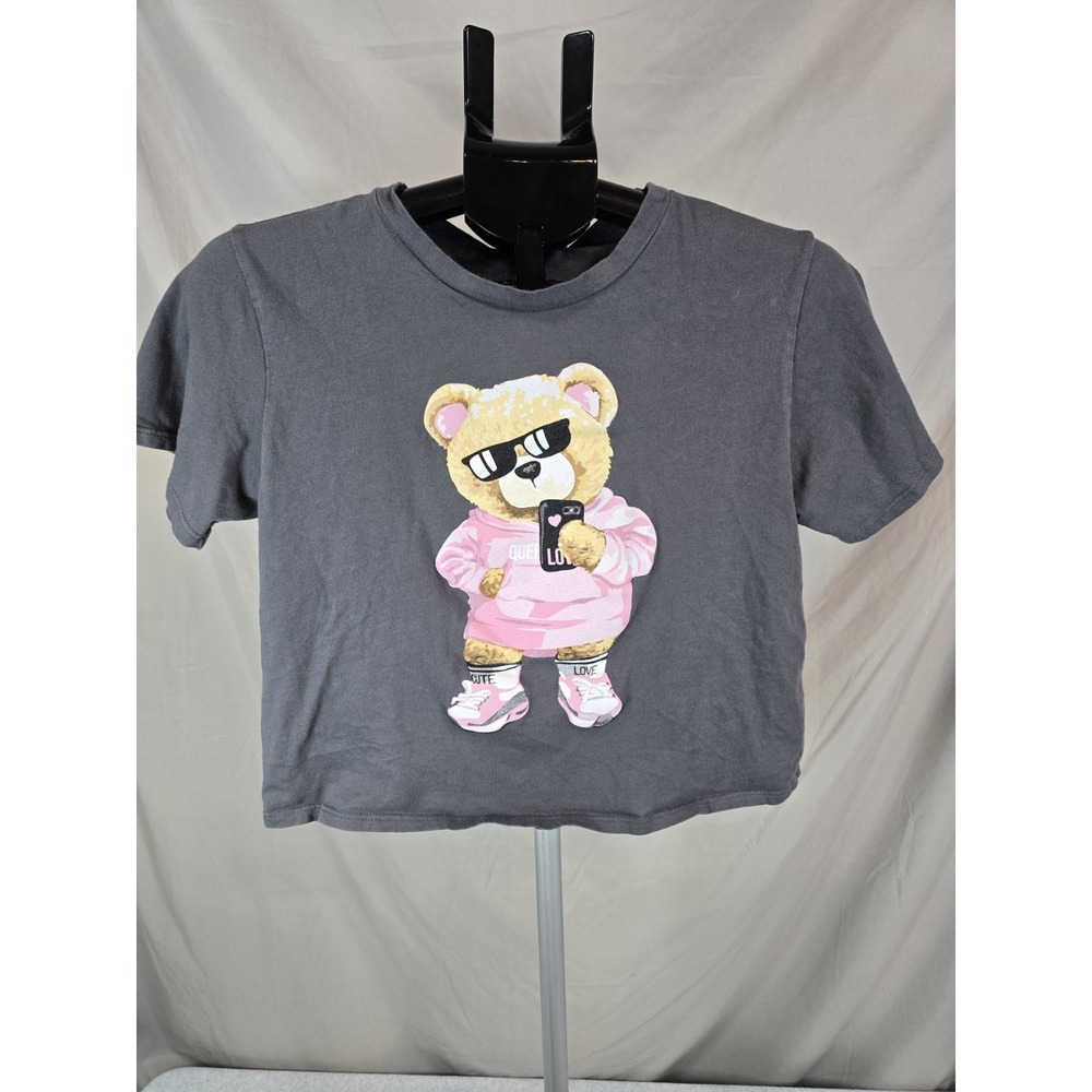 French Pastry Black and Pink Bear Crop Top S Women Juniors Graphic T-Shirt